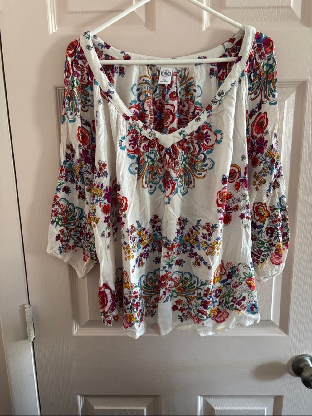 Bila White V-Neck Tunic with Multicolor Floral Print
